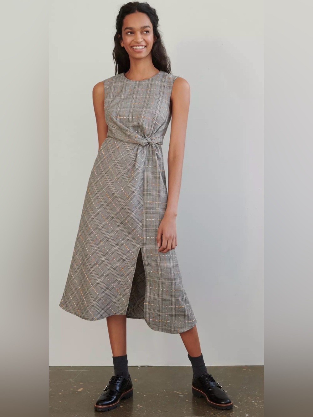 Anthropologie Maeve Reese Plaid Sleeveless Tie-Waist Midi Dress
